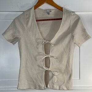 & Other Stories Cream Ribbed Tie-Front Short Sleeve Top